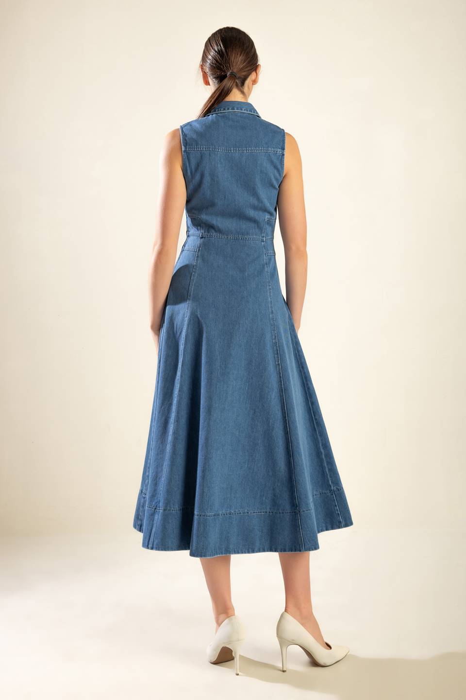 WASHED DENIM MIDI DRESS WITH COLLAR