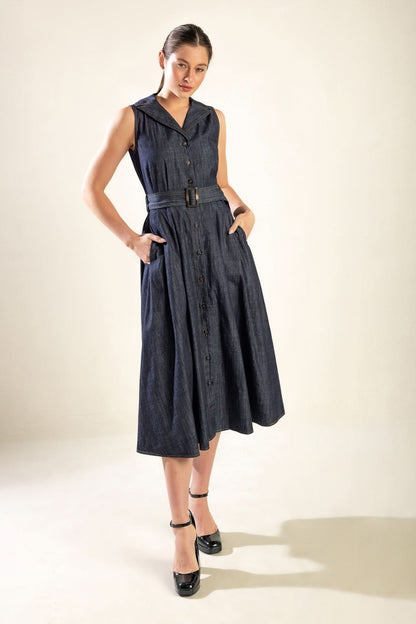 DENIM DREAMS COLLARED MIDI DRESS