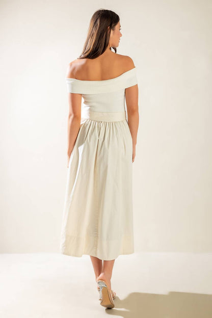 SOCIAL SEASON  OFF SHOULDER MIDI DRESS