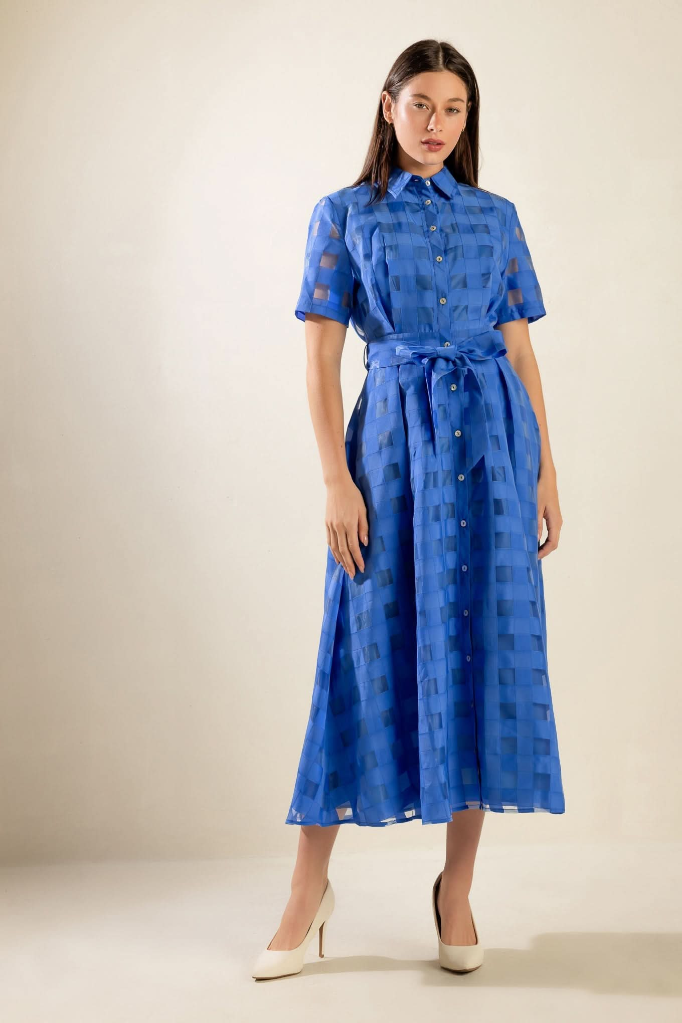 Woven Midi Dress with Self Sash and Pockets