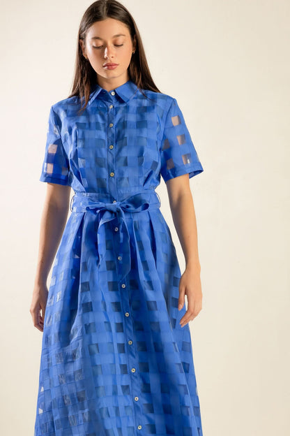 Woven Midi Dress with Self Sash and Pockets