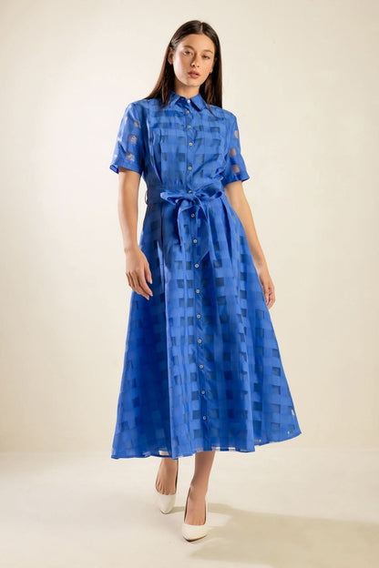 Woven Midi Dress with Self Sash and Pockets