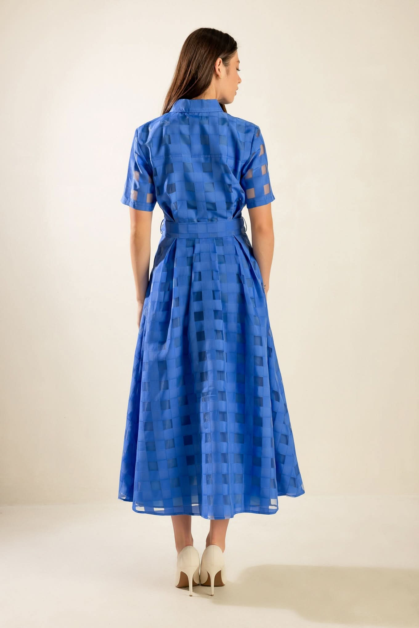 Woven Midi Dress with Self Sash and Pockets