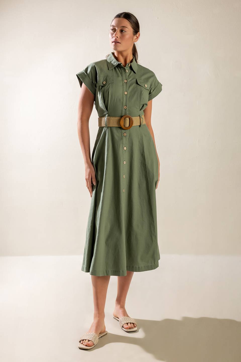 BUILD MY EMPIRE OLIVE WOVEN MIDI DRESS Flying Tomato