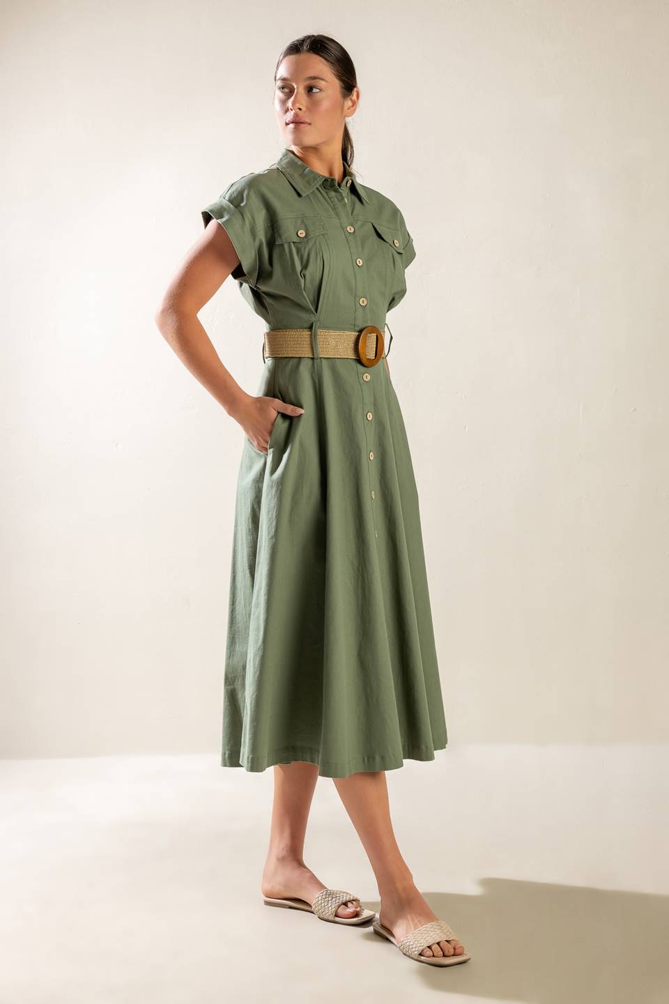BUILD MY EMPIRE OLIVE WOVEN MIDI DRESS Flying Tomato