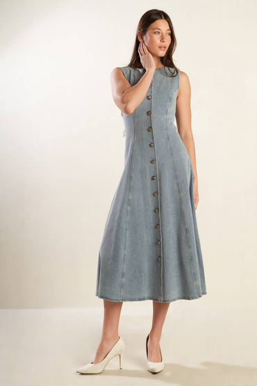 Nautical & Nice Denim Midi Dress with Sleeveless Design