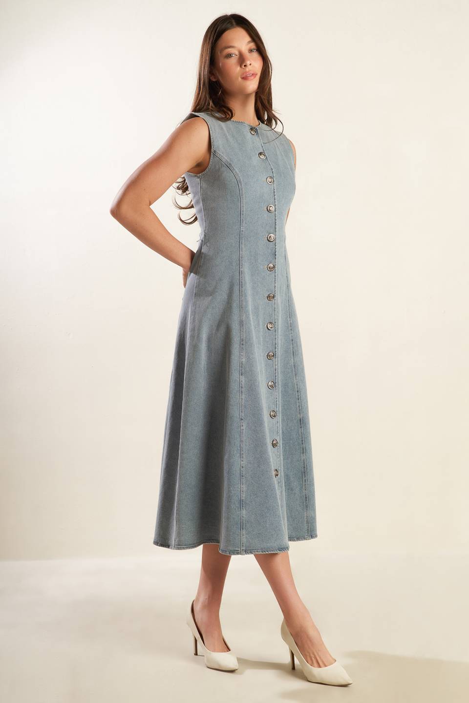 Nautical & Nice Denim Midi Dress with Sleeveless Design