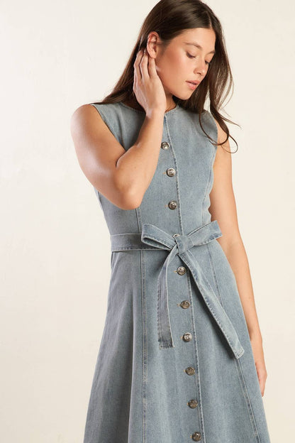 Nautical & Nice Denim Midi Dress with Sleeveless Design