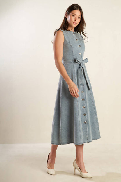 Nautical & Nice Denim Midi Dress with Sleeveless Design