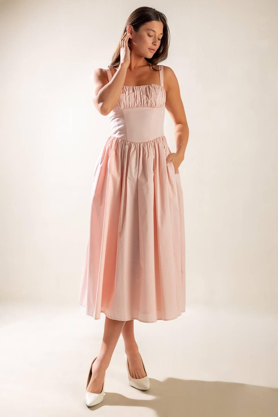 Flying Tomato Easily Loved Woven Midi Dress, a full-length view showcasing its elegant flow and quality woven fabric.