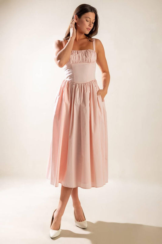 Flying Tomato Easily Loved Woven Midi Dress, a full-length view showcasing its elegant flow and quality woven fabric.