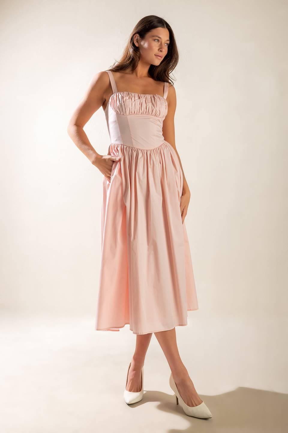 Close-up of the Flying Tomato Easily Loved Woven Midi Dress fabric, revealing its intricate weave and premium texture.