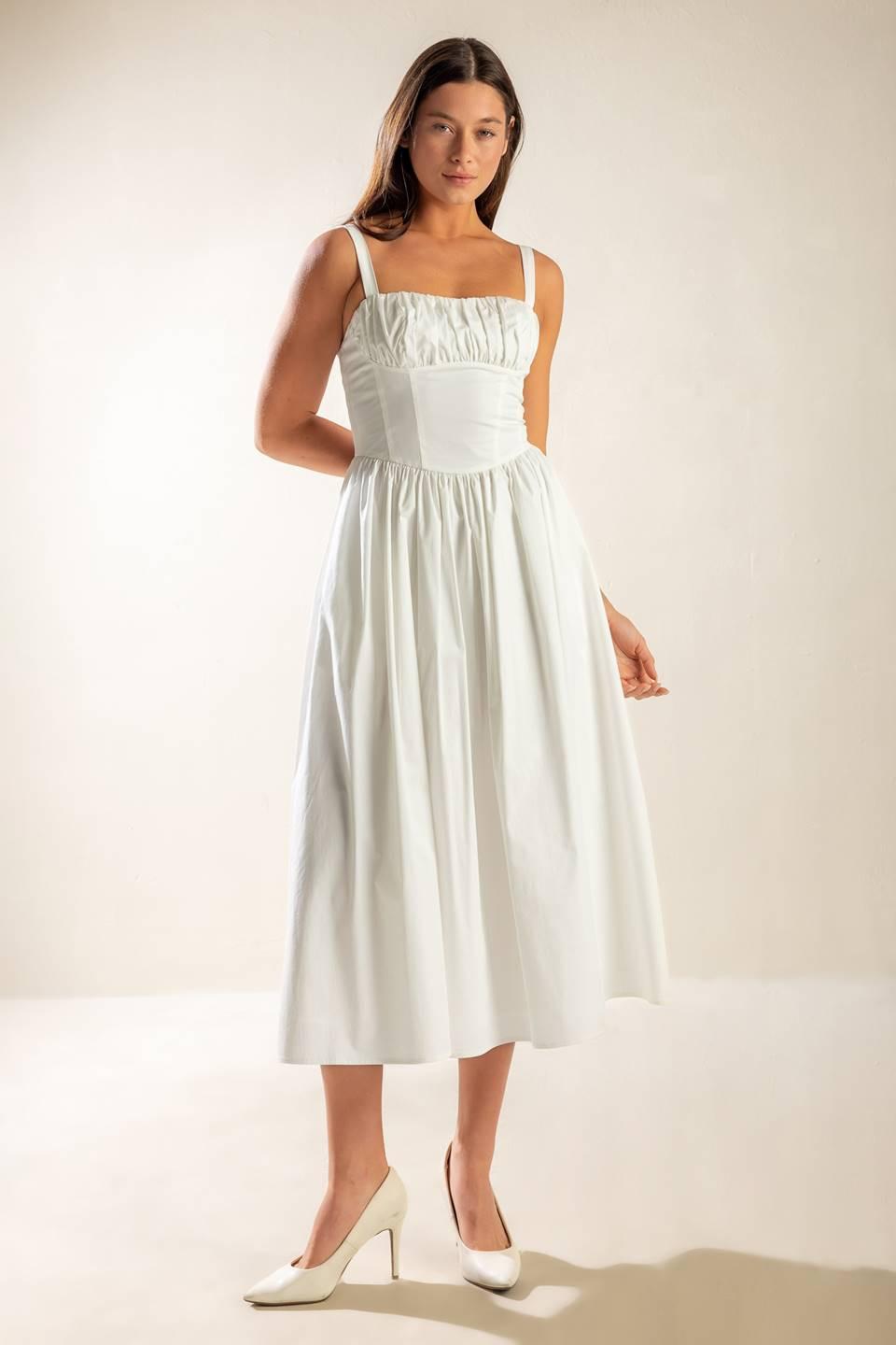 Flying Tomato Easily Loved Woven Midi Dress in motion, demonstrating its comfortable fit and flowing, elegant design.