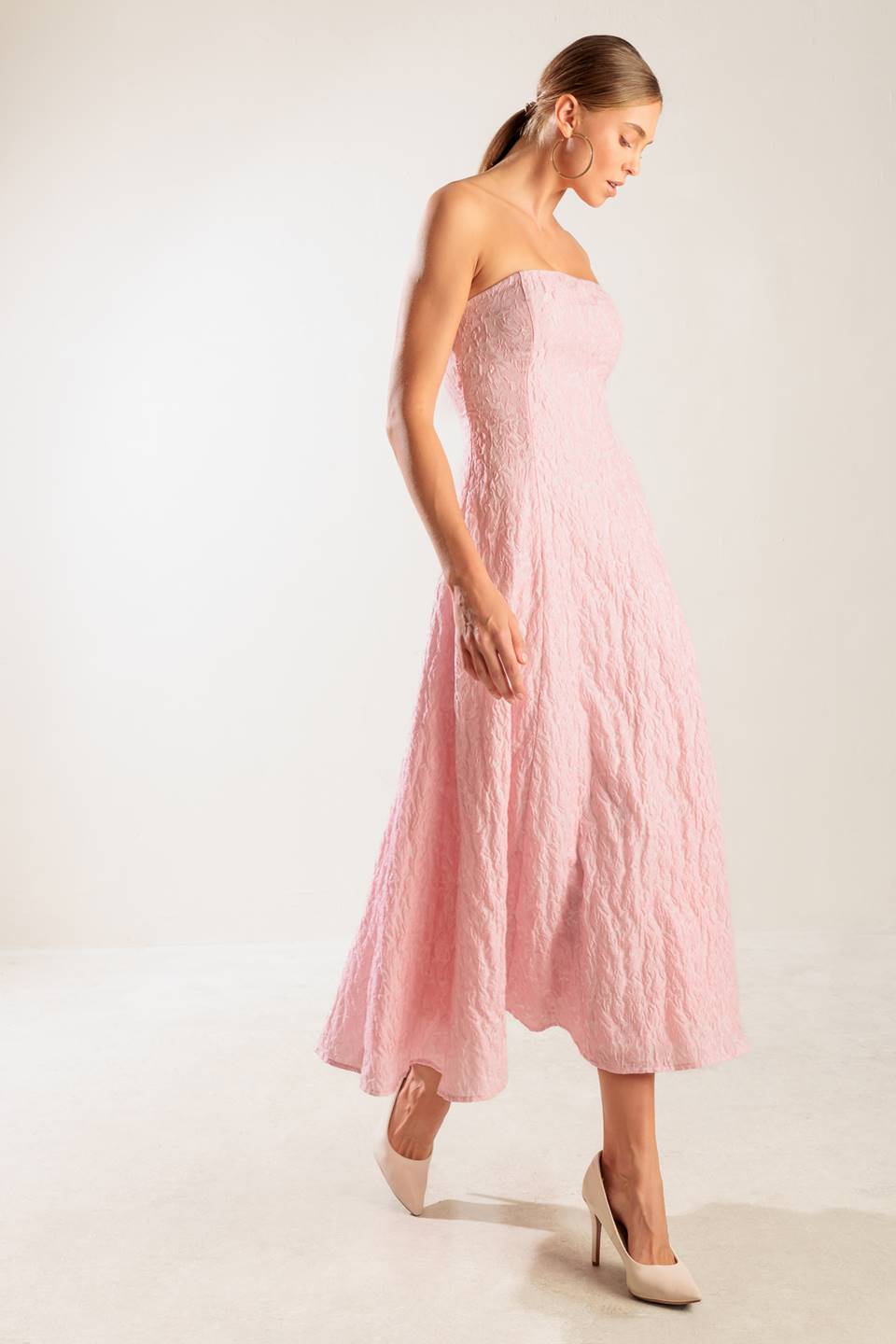 ROLL WITH IT PINK WOVEN MIDI DRESS Flying Tomato