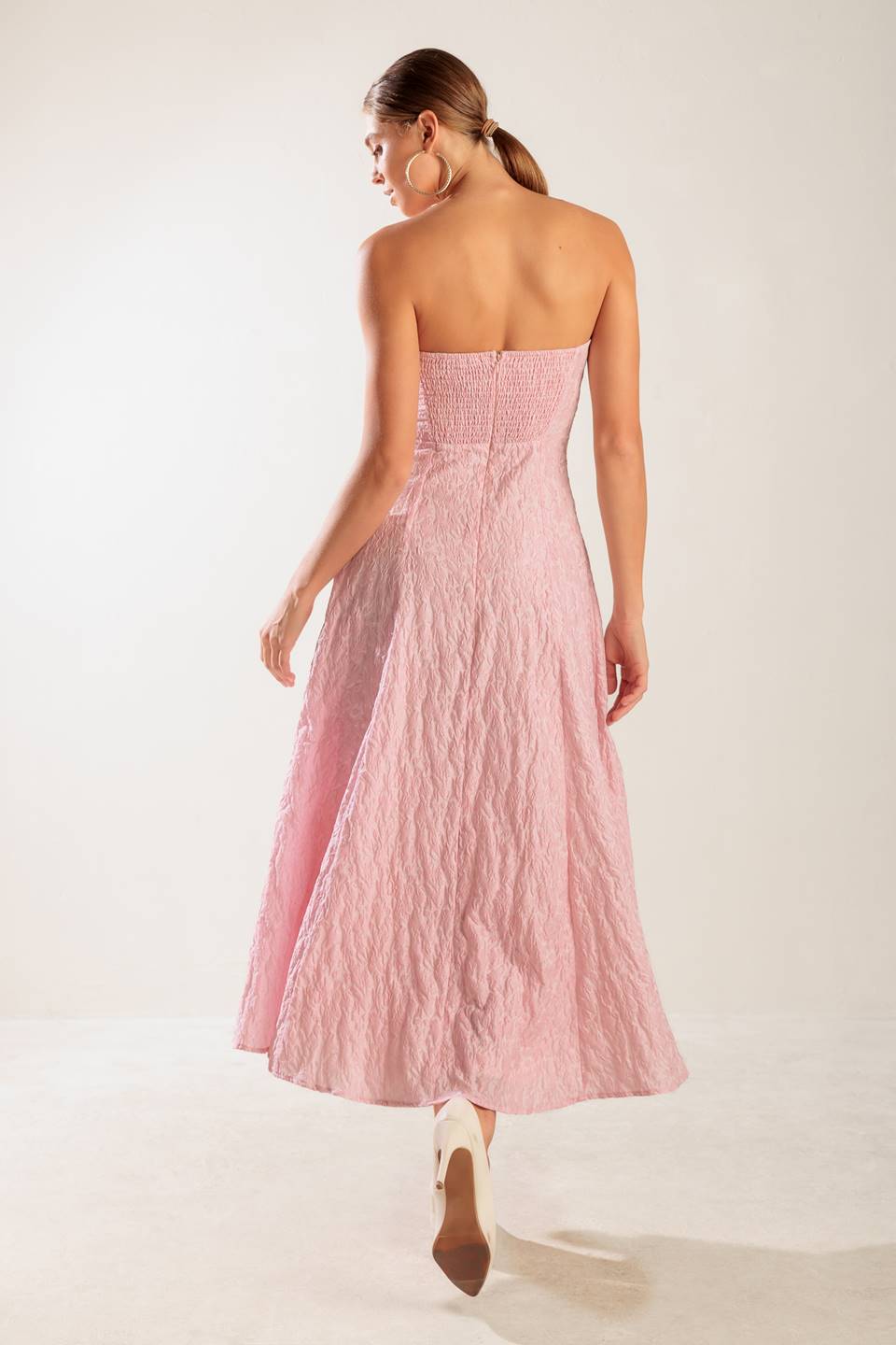 ROLL WITH IT PINK WOVEN MIDI DRESS Flying Tomato