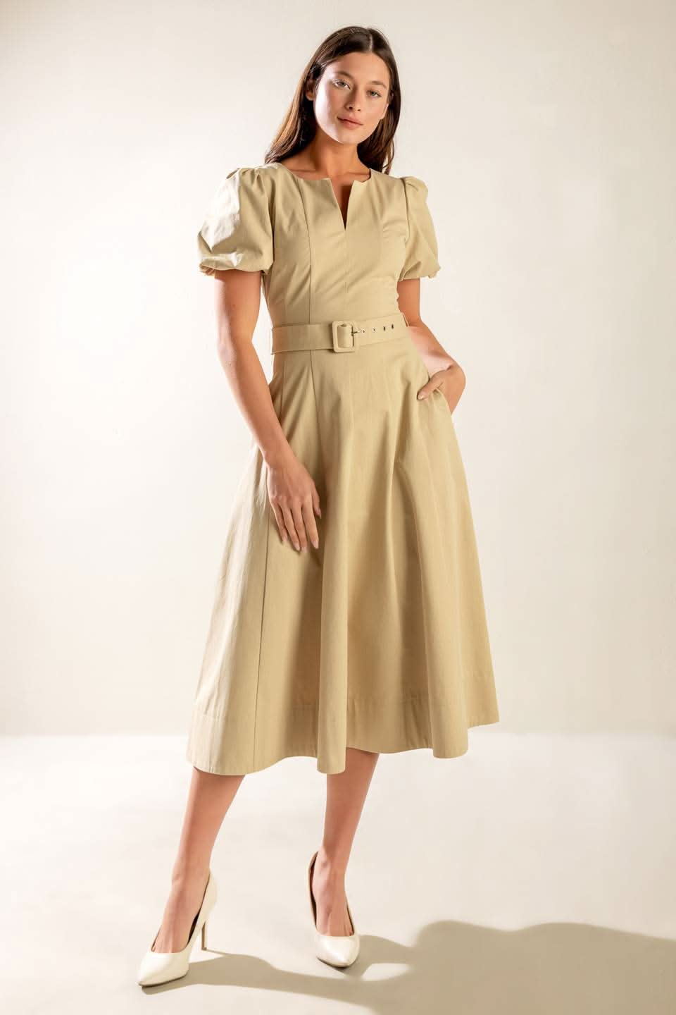 Sunlit Soiree Woven Midi Dress with Puff Sleeves and Belt