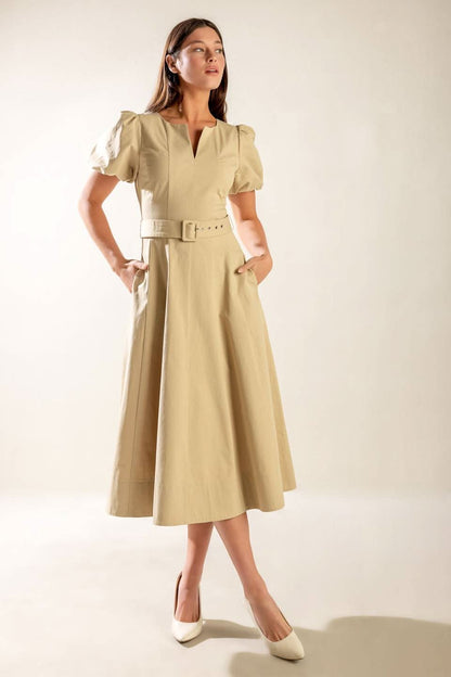 Sunlit Soiree Woven Midi Dress with Puff Sleeves and Belt