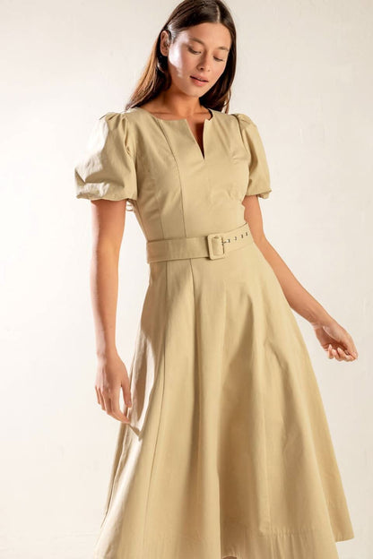 Sunlit Soiree Woven Midi Dress with Puff Sleeves and Belt