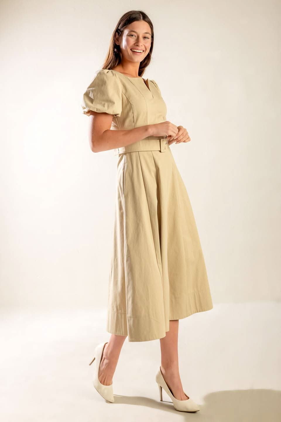 Sunlit Soiree Woven Midi Dress with Puff Sleeves and Belt