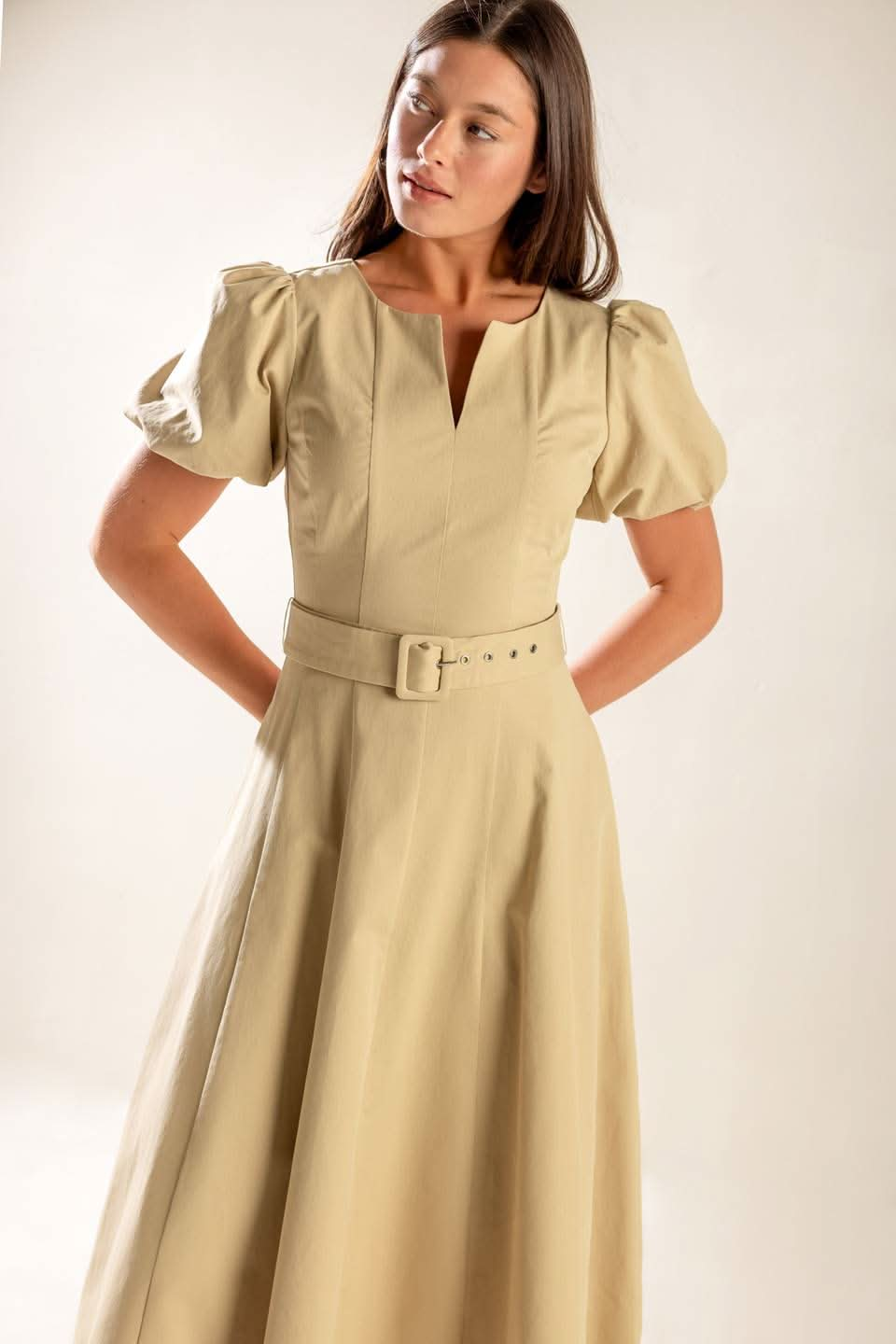 Sunlit Soiree Woven Midi Dress with Puff Sleeves and Belt