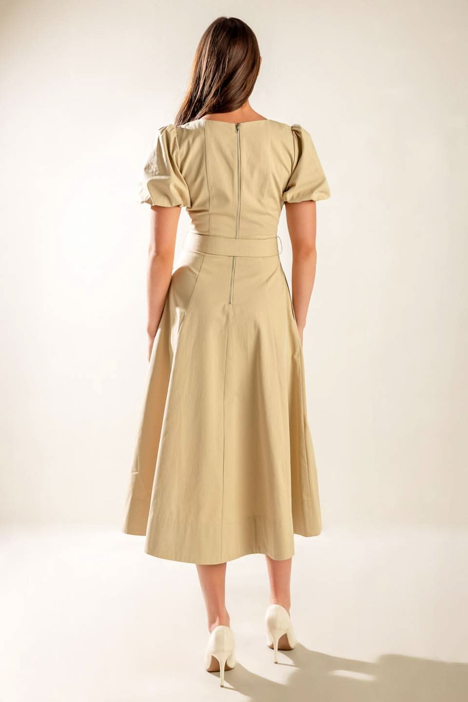 Sunlit Soiree Woven Midi Dress with Puff Sleeves and Belt