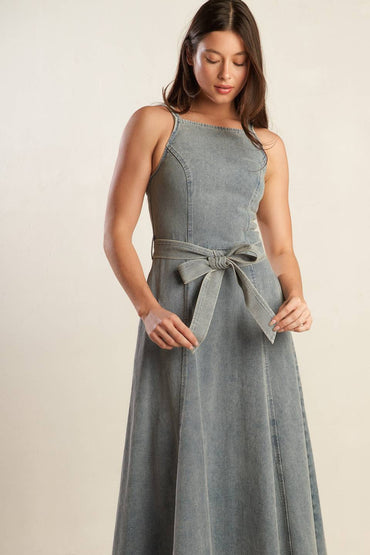 A DAY AT THE VINEYARD DENIM MIDI DRESS