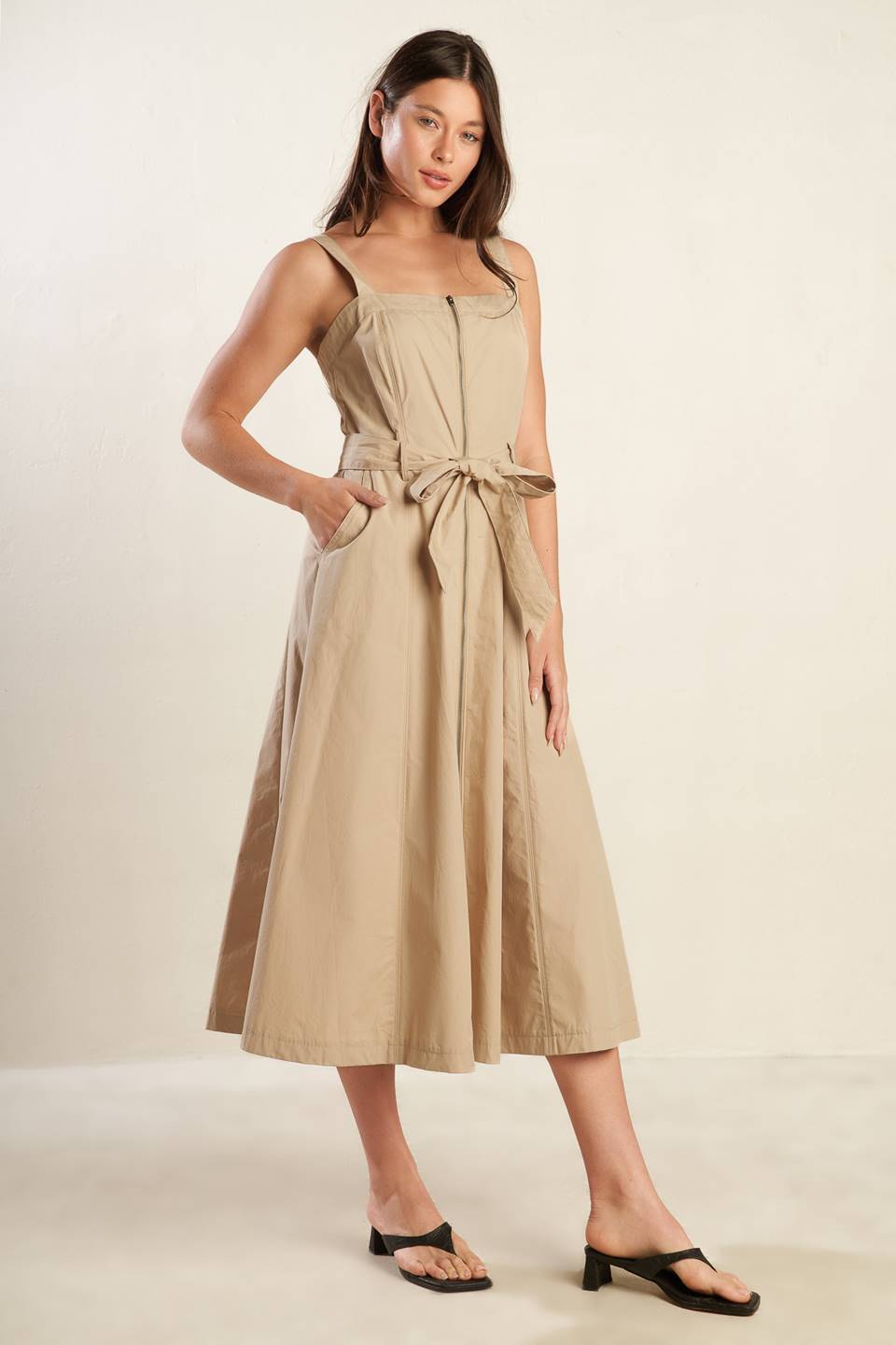 Margot Dream Woven Midi Dress with Self Belt and Zipper