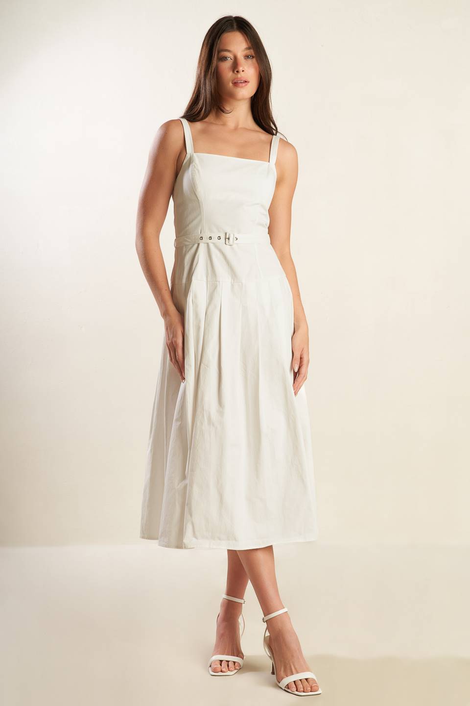 Shay Lantana Woven Midi Dress with Self Belt and Pleats