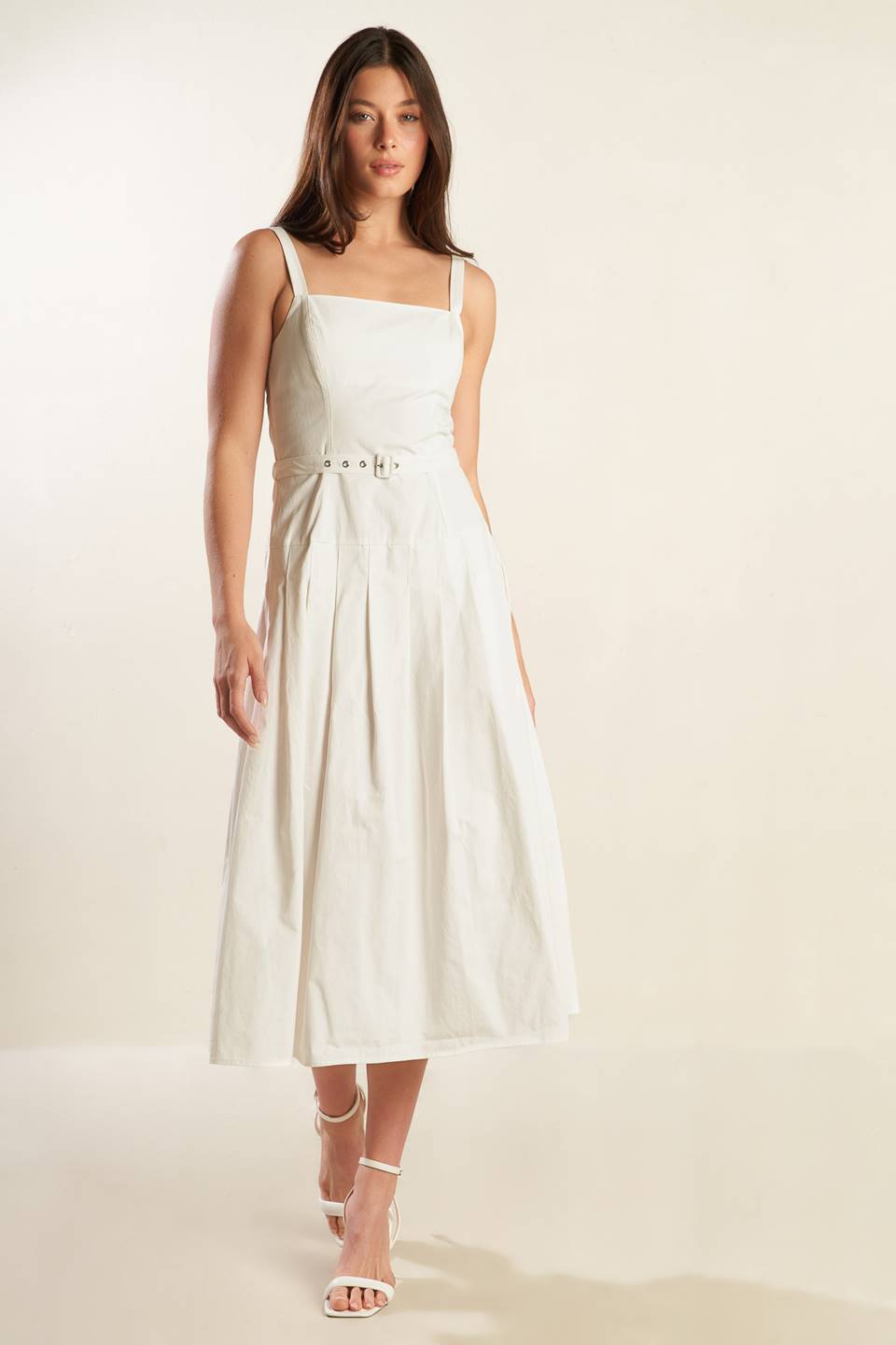 Shay Lantana Woven Midi Dress with Self Belt and Pleats