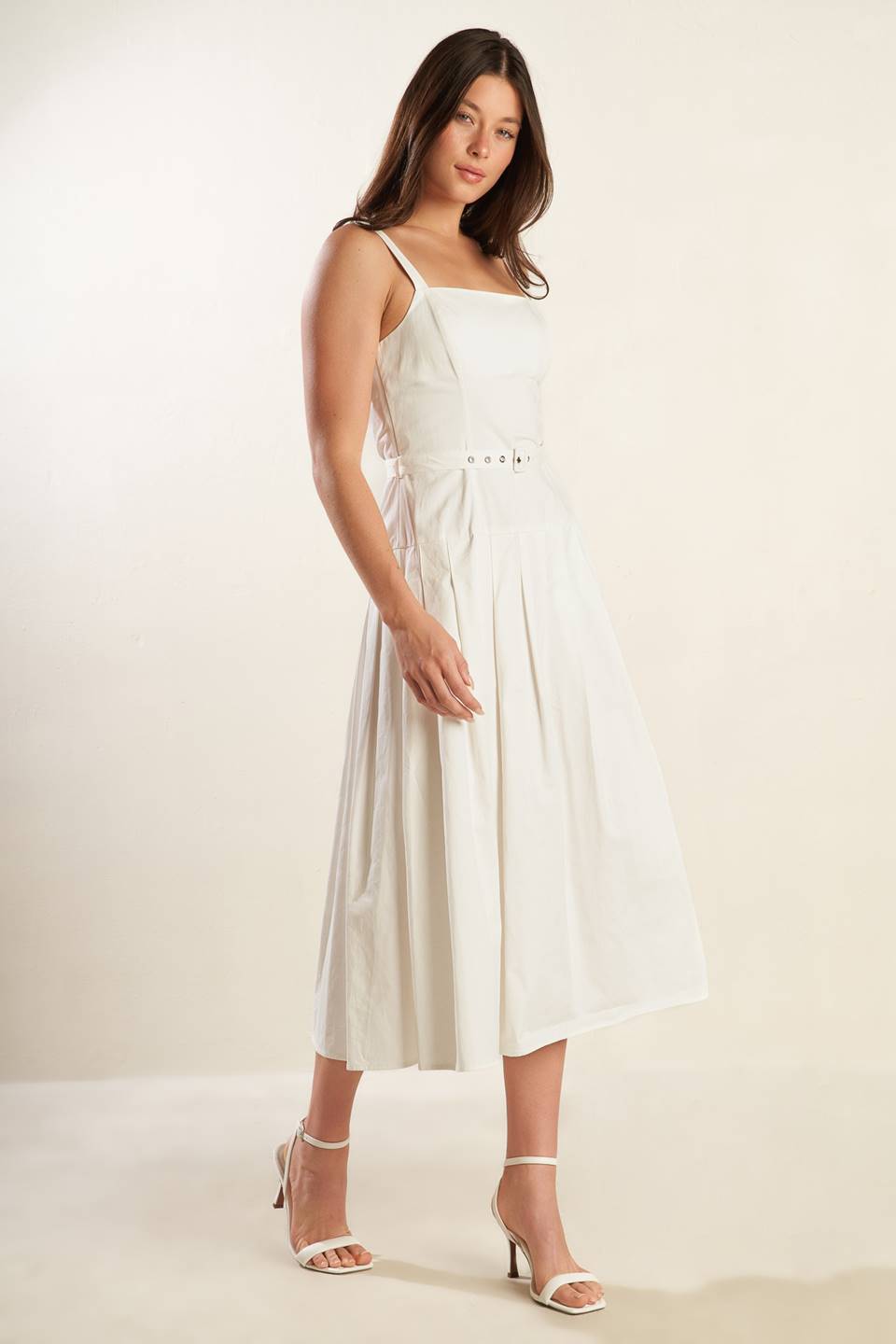 Shay Lantana Woven Midi Dress with Self Belt and Pleats