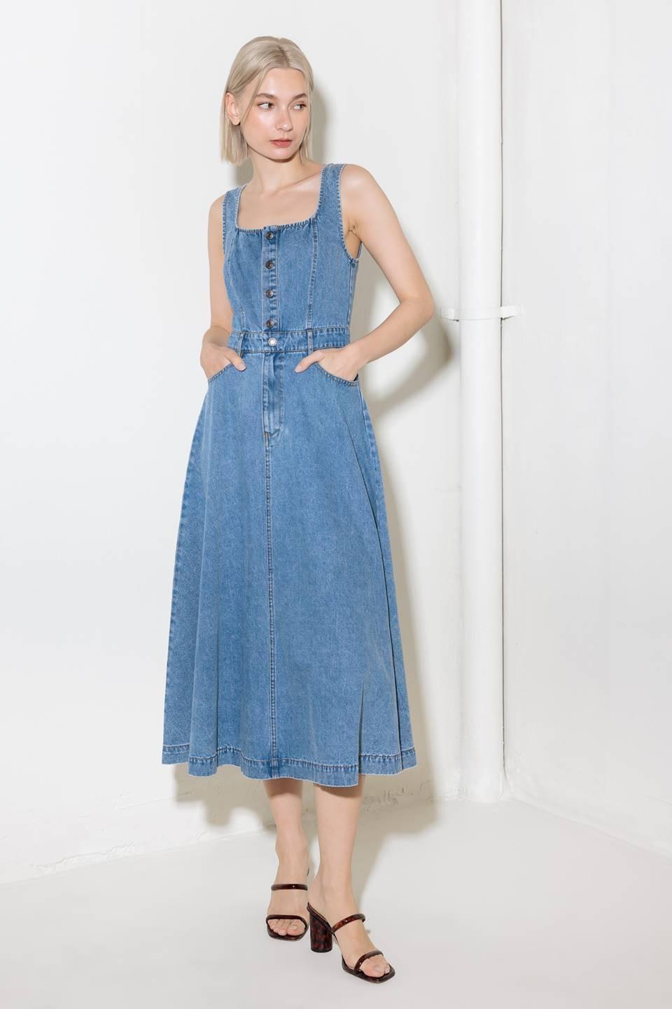 Close-up detail of the Flying Tomato Softly Romantic Denim Midi Dress, focusing on the quality denim texture and intricate st