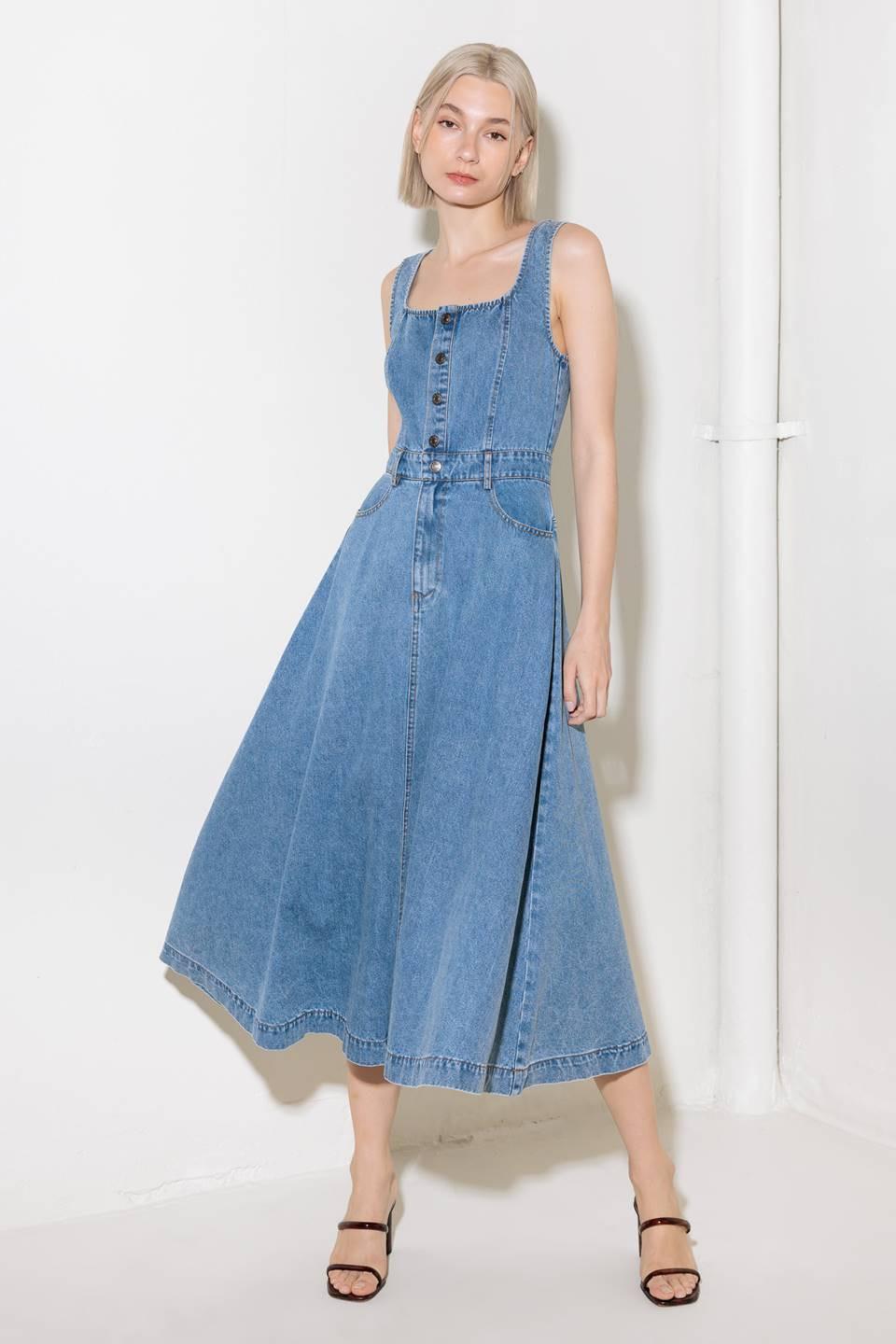 Flying Tomato Softly Romantic Denim Midi Dress, a full view highlighting its elegant denim fabric, flattering silhouette, and