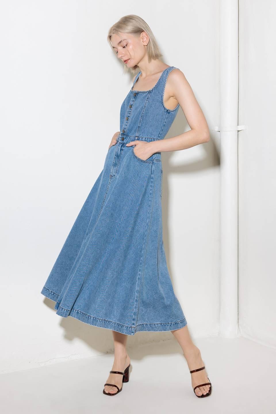 Flying Tomato Softly Romantic Denim Midi Dress worn in a relaxed setting, illustrating its versatile style and comfortable mo