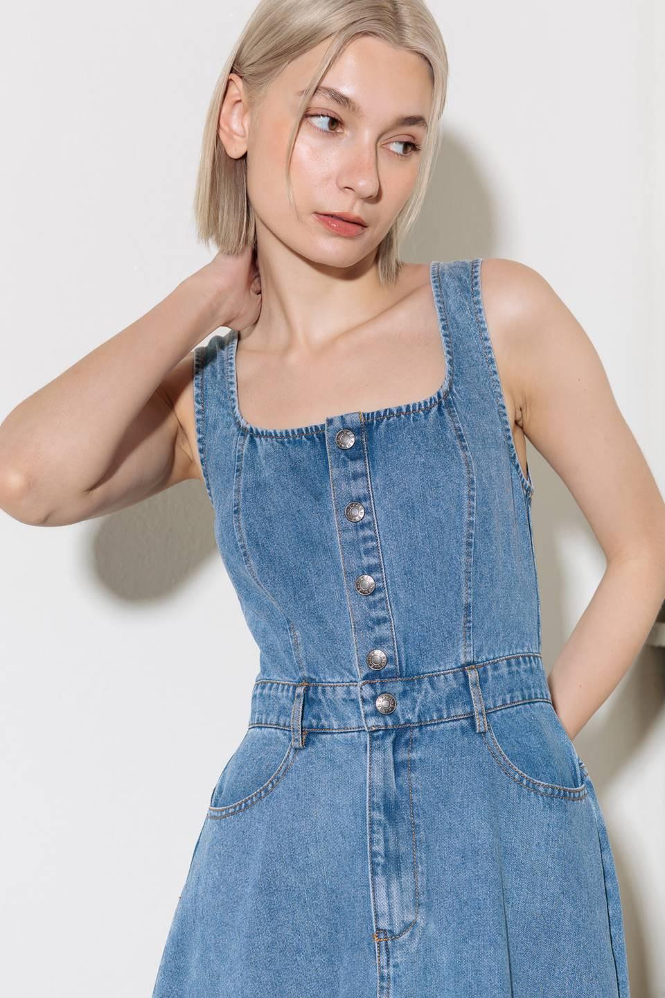Flying Tomato Softly Romantic Denim Midi Dress, a side profile showcasing the graceful drape of the denim and its comfortable