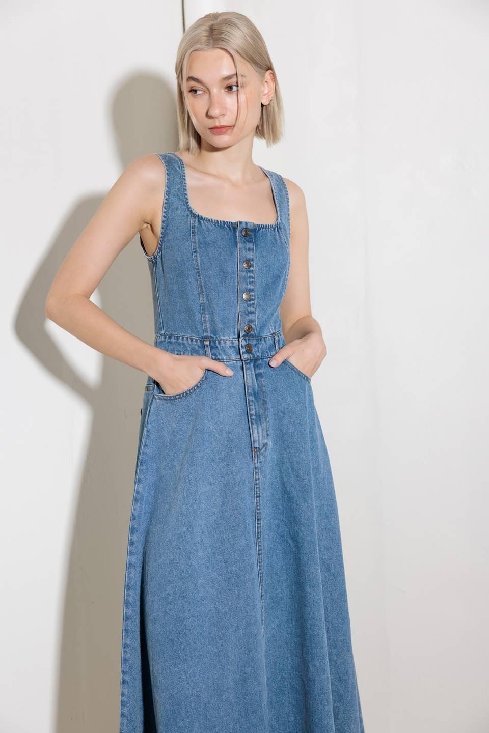Back view of the Flying Tomato Softly Romantic Denim Midi Dress, emphasizing the thoughtful design details and the elegant fl