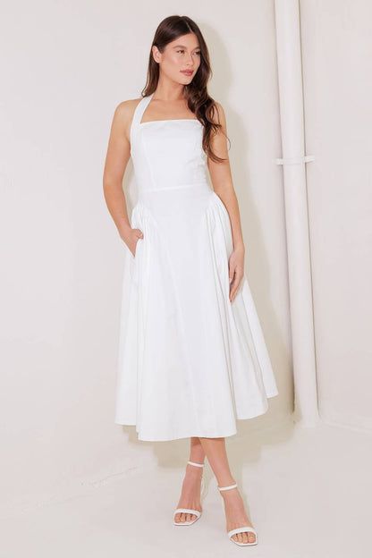 CAUGHT IN THE RAIN WHITE WOVEN MIDI DRESS