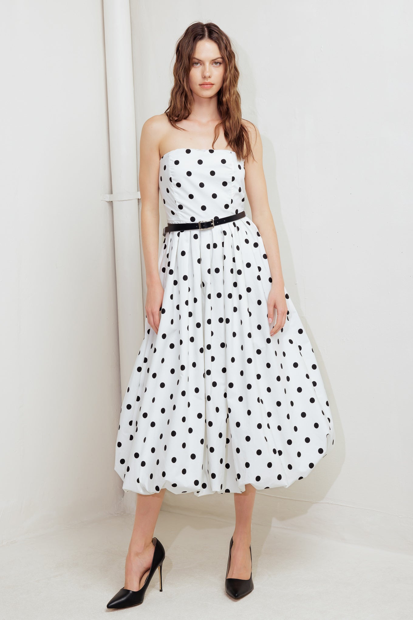 MONROE DOT WHITE WOVEN MIDI DRESS Flying Tomato