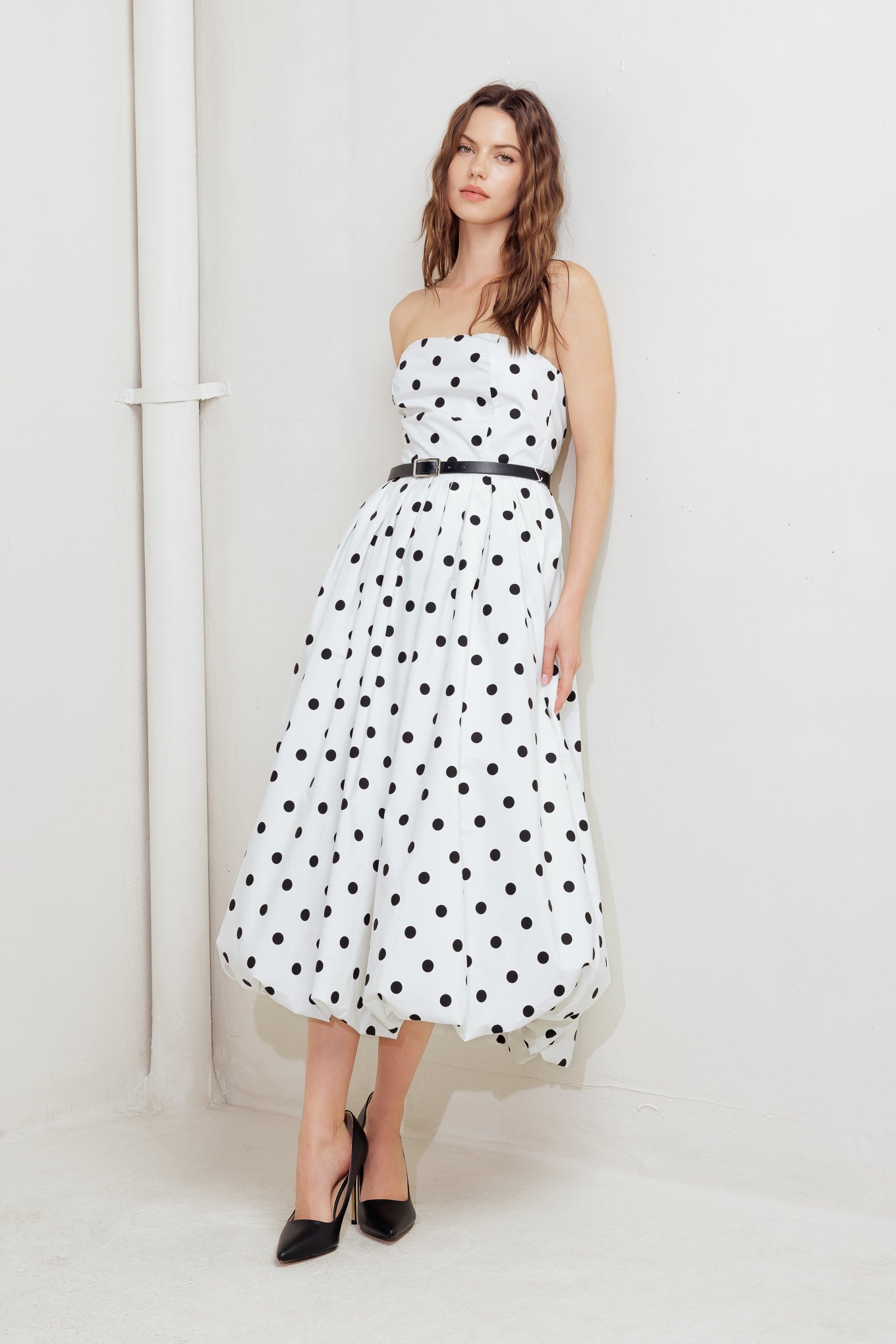 MONROE DOT WHITE WOVEN MIDI DRESS Flying Tomato