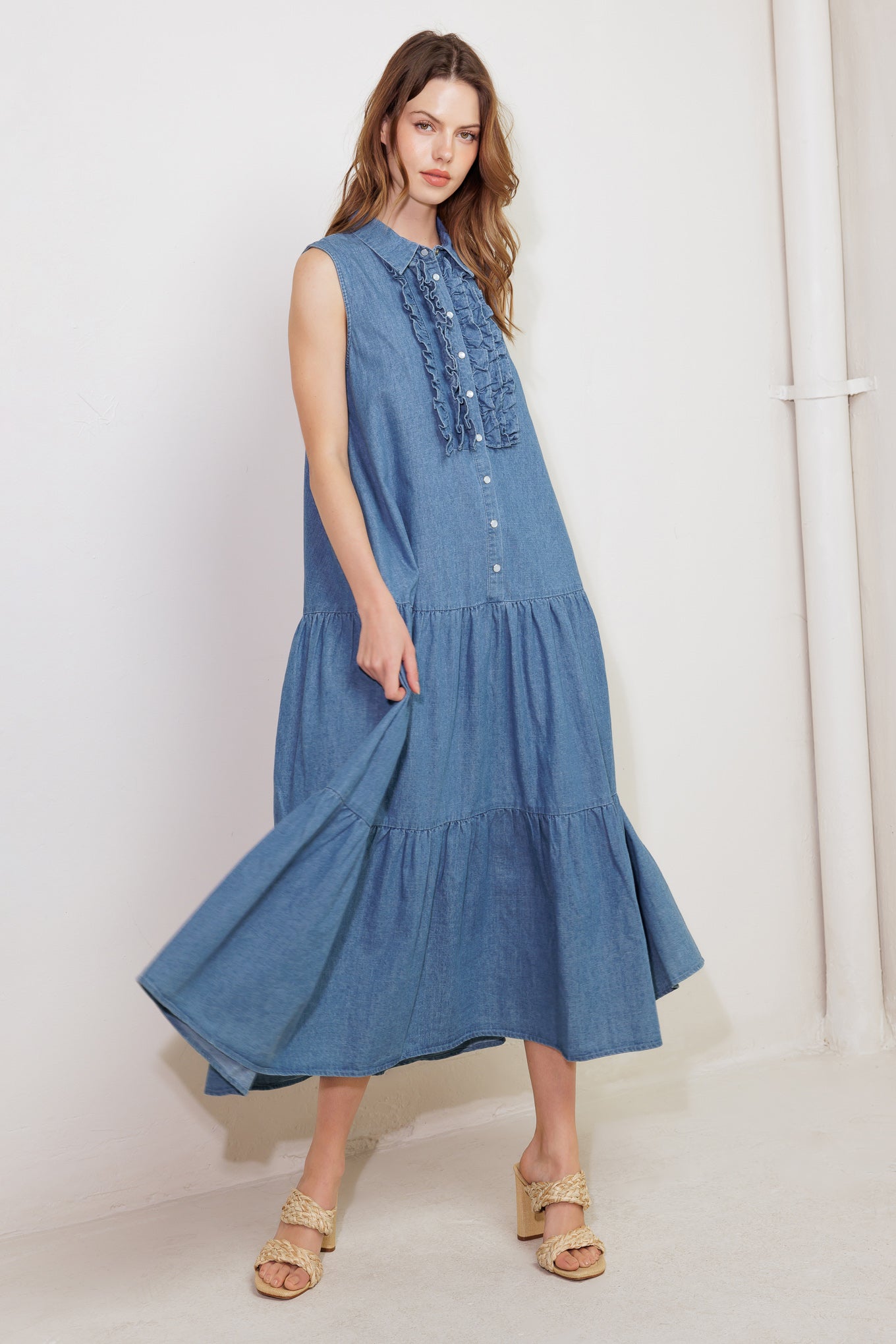 PETALS FALLING SLOWLY DENIM MIDI DRESS Flying Tomato
