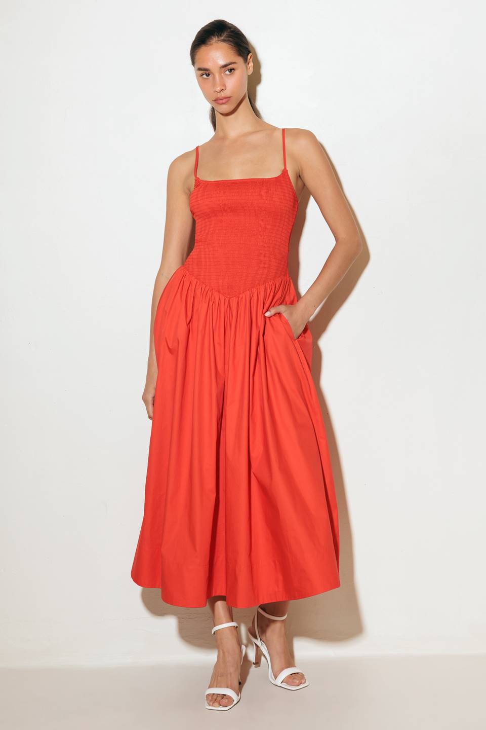 MOVE WITH INTENTION RED WOVEN MIDI DRESS Flying Tomato
