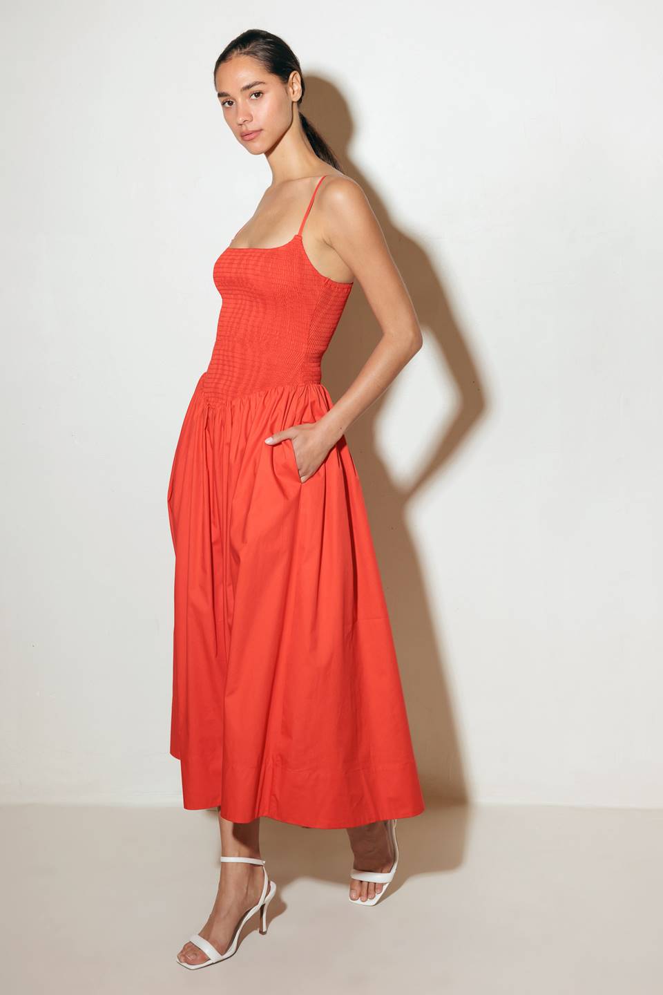 MOVE WITH INTENTION RED WOVEN MIDI DRESS Flying Tomato
