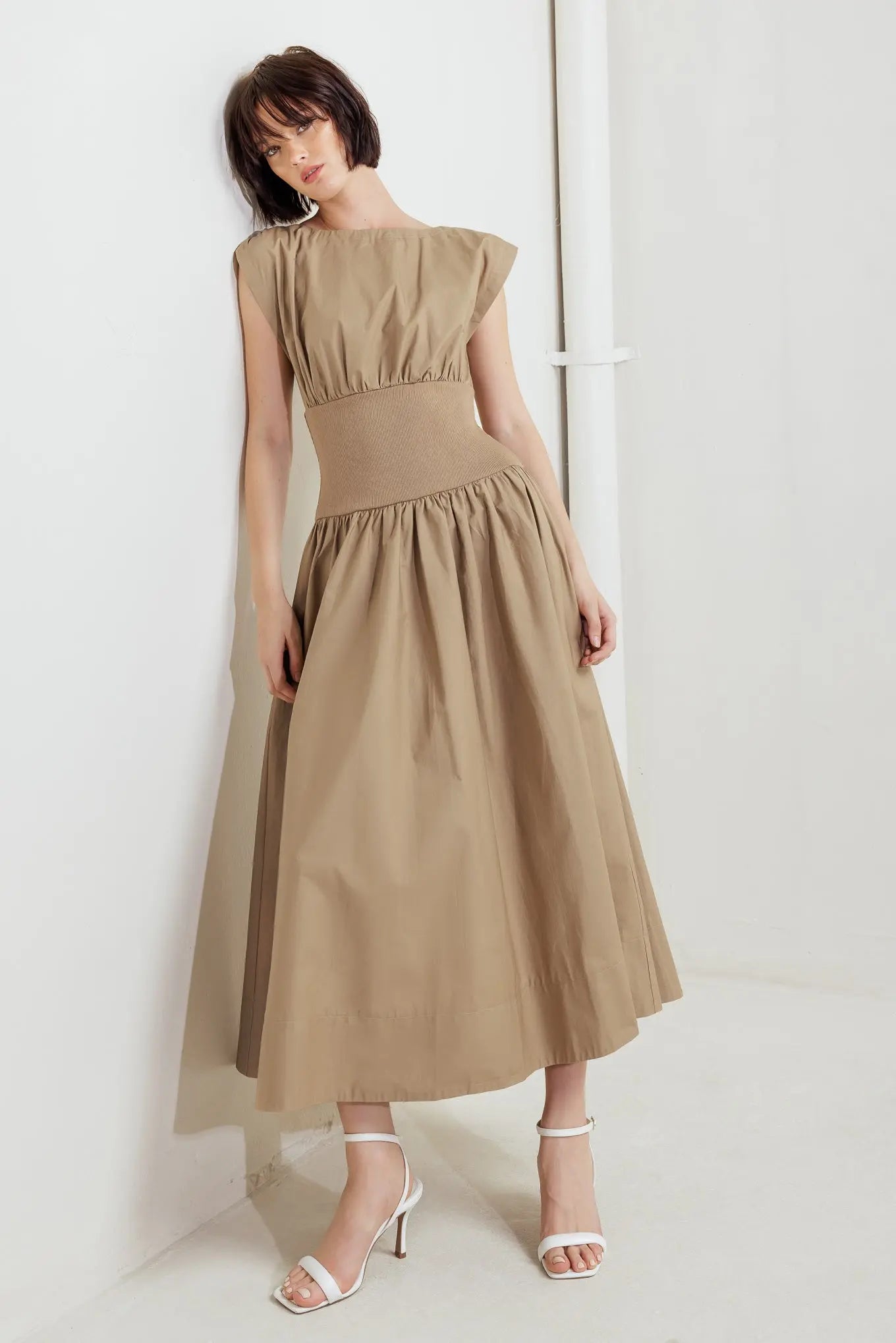 Dreamweaver Romantic Woven Midi Dress With Knit Midriff Back Zipper Flying Tomato