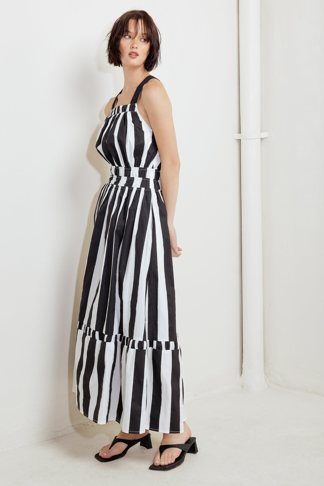 LUXE LINEAR STRIPED WOVEN MIDI DRESS Flying Tomato