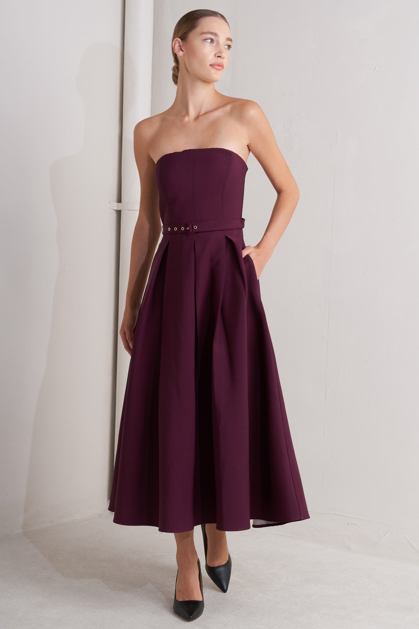 Opera Wine Woven Strapless Midi Dress With Self Belt Flying Tomato