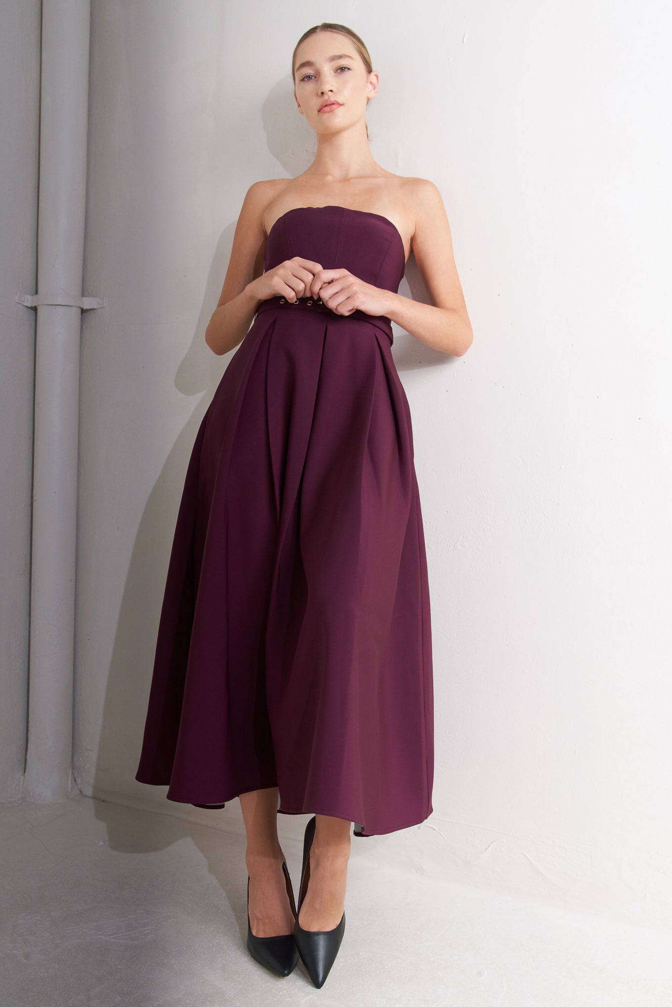 Opera Wine Woven Strapless Midi Dress With Self Belt Flying Tomato