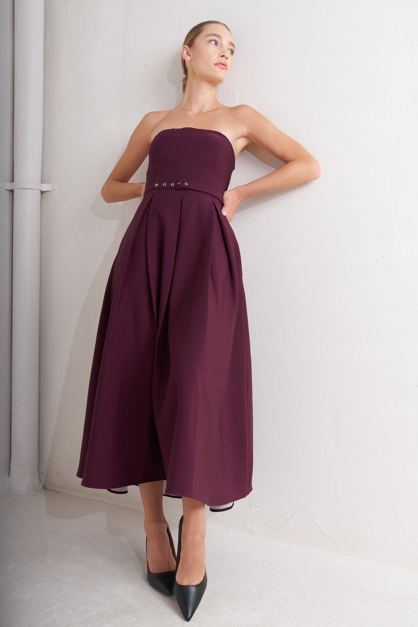 Opera Wine Woven Strapless Midi Dress With Self Belt Flying Tomato
