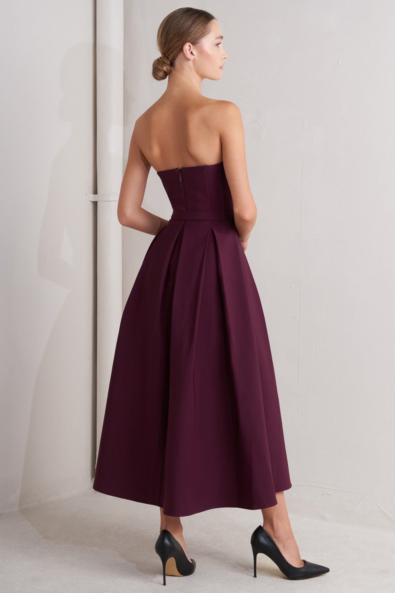 Opera Wine Woven Strapless Midi Dress With Self Belt Flying Tomato