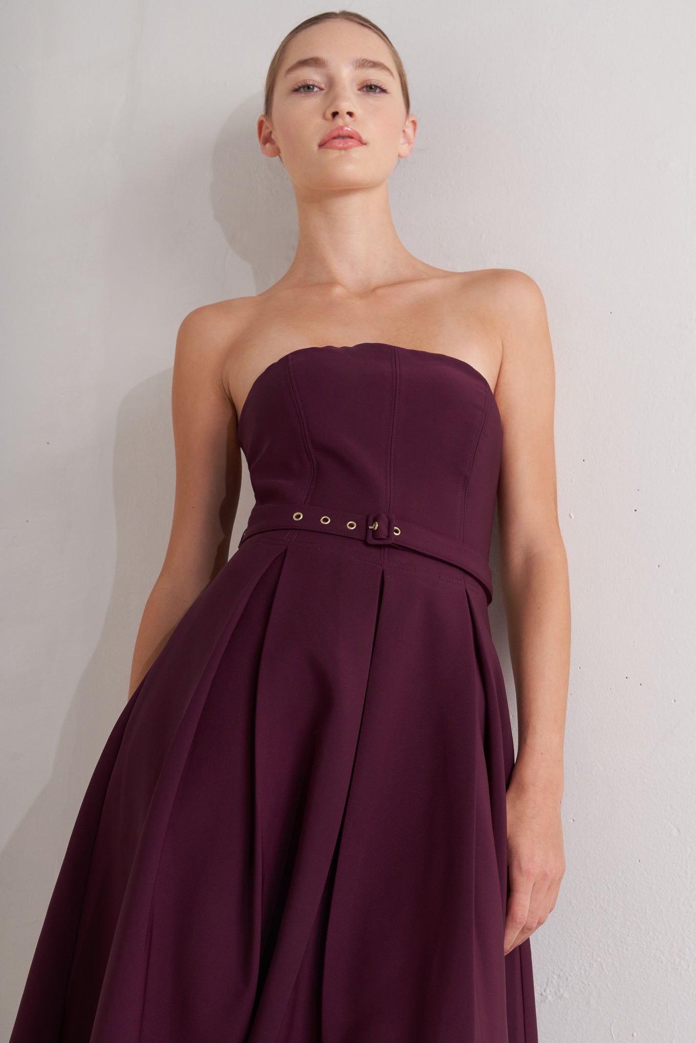 Opera Wine Woven Strapless Midi Dress With Self Belt Flying Tomato