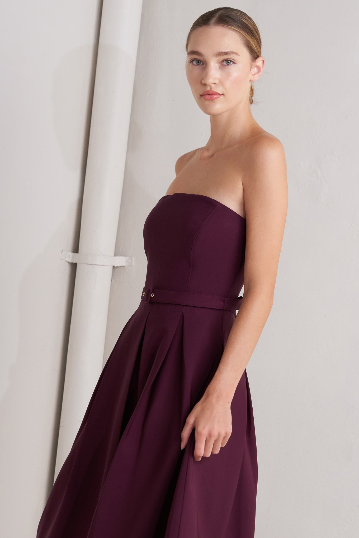 Opera Wine Woven Strapless Midi Dress With Self Belt Flying Tomato