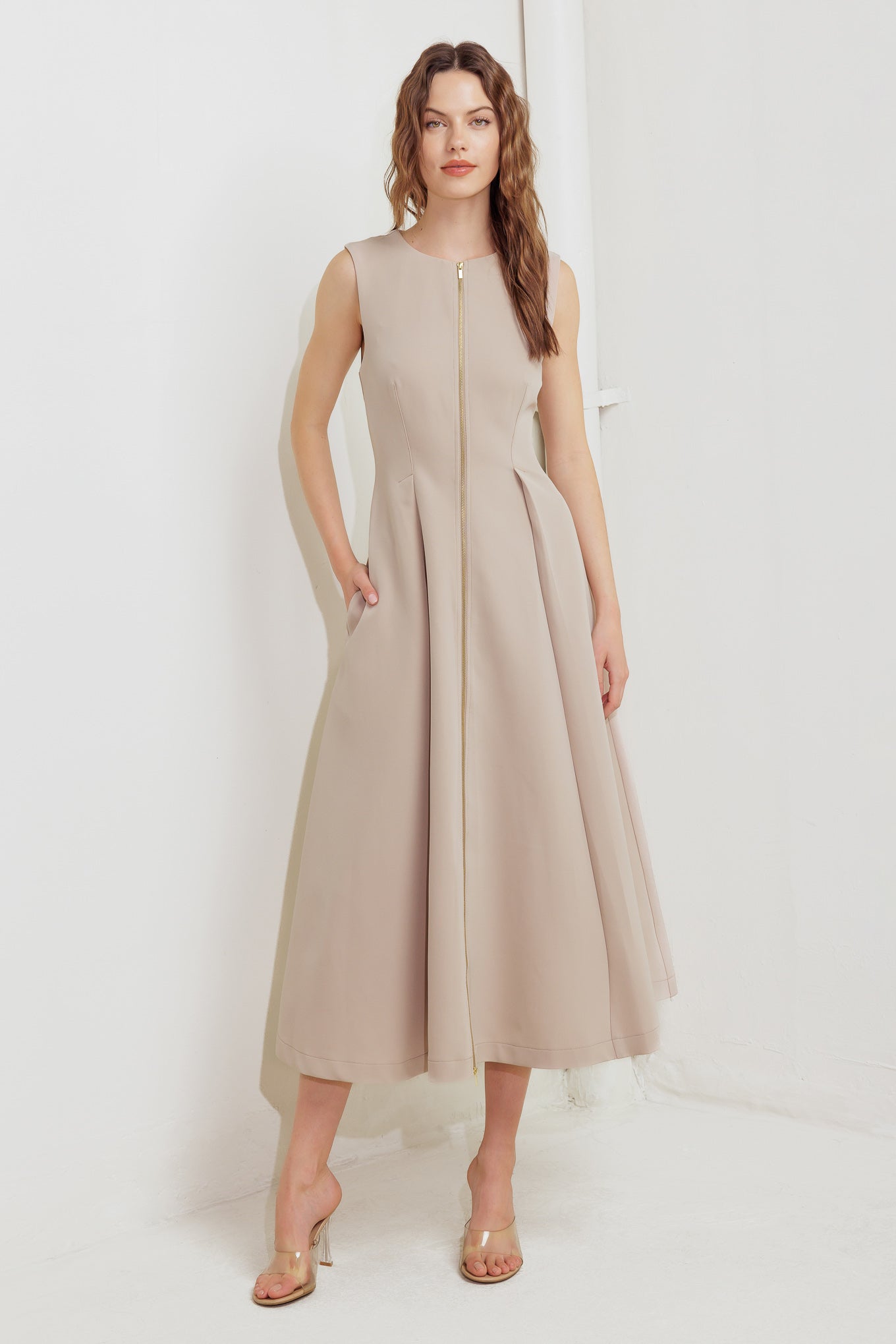 Zip And Flow Woven Midi Dress Sleeveless Front Zipper Closure